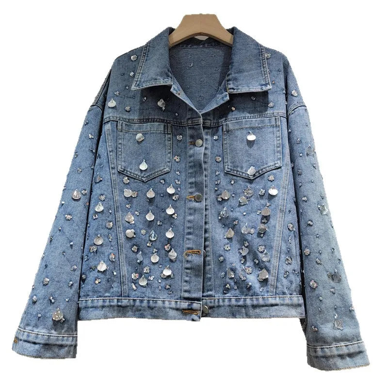 2026 Jeans Jacket Early Spring New Fashion Heavy Industry Sequin Long Sleeve Denim Jacket For Women Loose Versatile Coat Female 11A08309