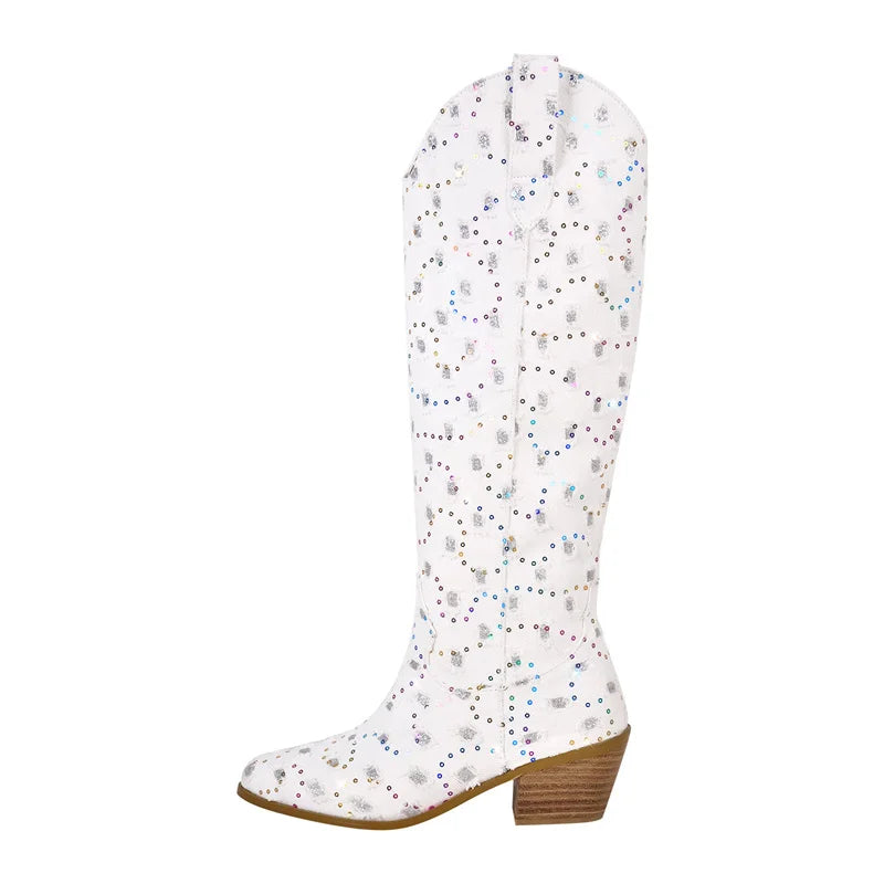 Onlymaker Women Pointed Toe Knee High Boots Western Boots Wide Calf Embroidered Canvas Block Heel Pull-On Cowgirl Booties