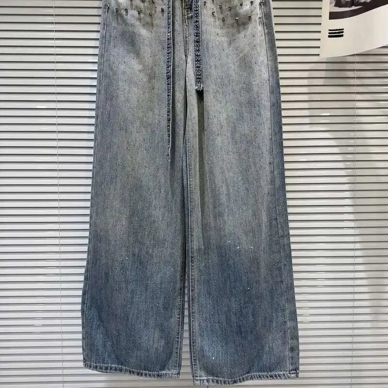 Spring New Arrival Fashion Women's Gradient Wide Leg Jeans Rhinestone Gradient Bead Belt Denim Pants Female 11A03405