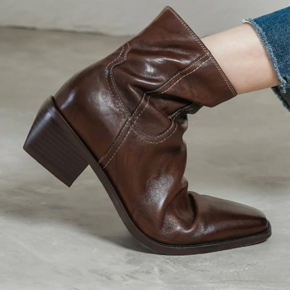 Handmade Genuine Leather Soft and comfortable Ankle Boots Women's Chunky Heel Retro ort Pattern Booties 34-40
