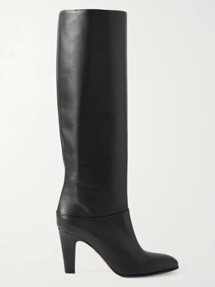 Ladies' Autumn and Winter Knee Length Boots, Round Toe Fashionable Leather Slim Fit High Heels, Size 34-46 Medium Length Boots