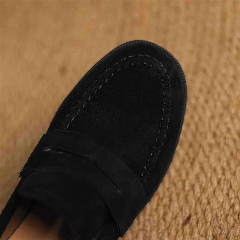 Spring Retro Genuine Kid Suede Loafers Women Slip On Low Thick Heels Pumps Female Comfort Daily Leather  Shoes
