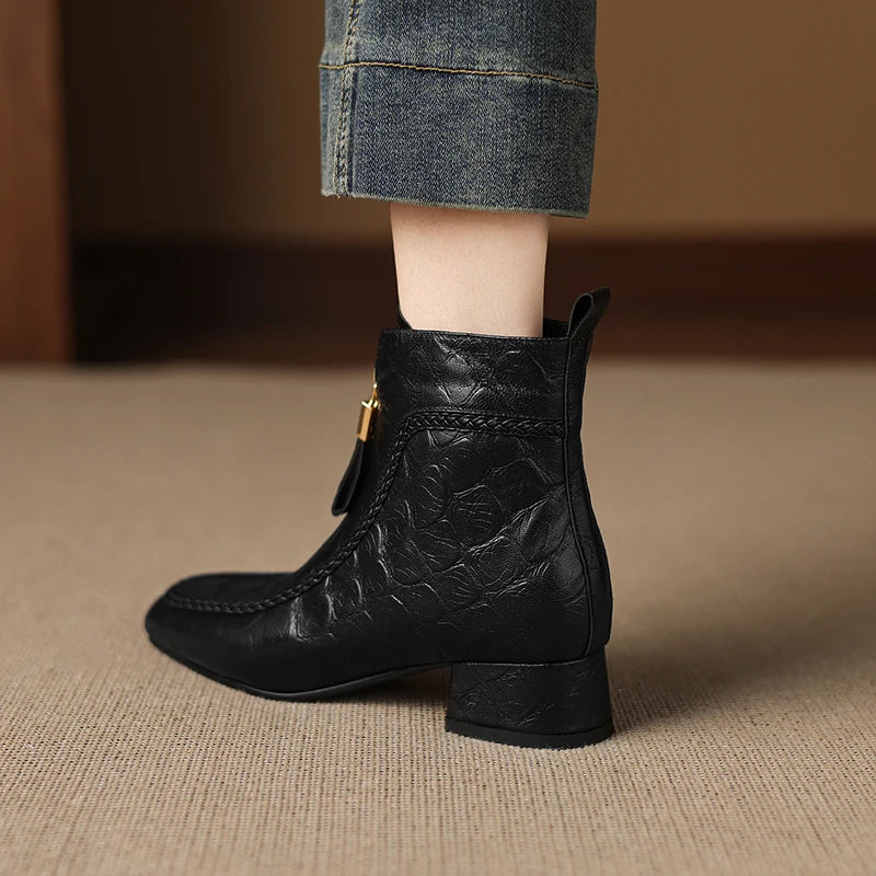 New Women Handmade Genuine Leather Soft and comfortable Square Toe Chunky Heel Shoes Modern Ankle Boots