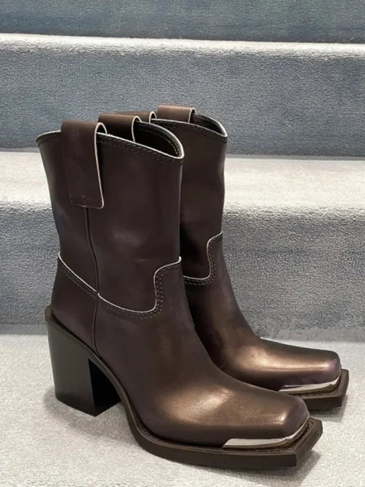 2026New Advanced Metal Square Head Women's Knight Boot Thick High Heel Sleeve Versatile Comfortable Women's Long Boots