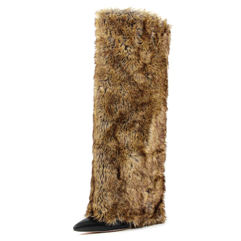 Onlymaker Women Pointed Toe Faux Fur Boot Furry Fluffy Big Size  Fashion 10CM Thin Heel  Fold Over Furry Winter Boots