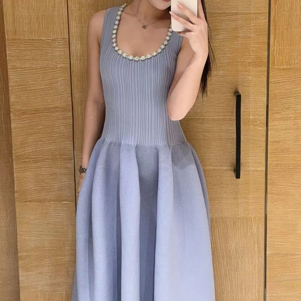 Woman U-neck slim fit knitted dress suspenders office ladies elegant midi robe