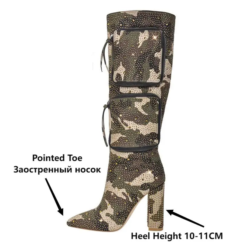 Onlymaker Women Rhinestone Knee High Boots Block Heel Handmade Fashion Pointed Toe Bling  Boots