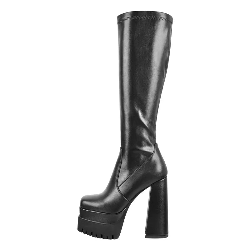 Onlymaker Women Black Platform Chunky Heel Knee High Patent Leather Square Toe  Lady Boots