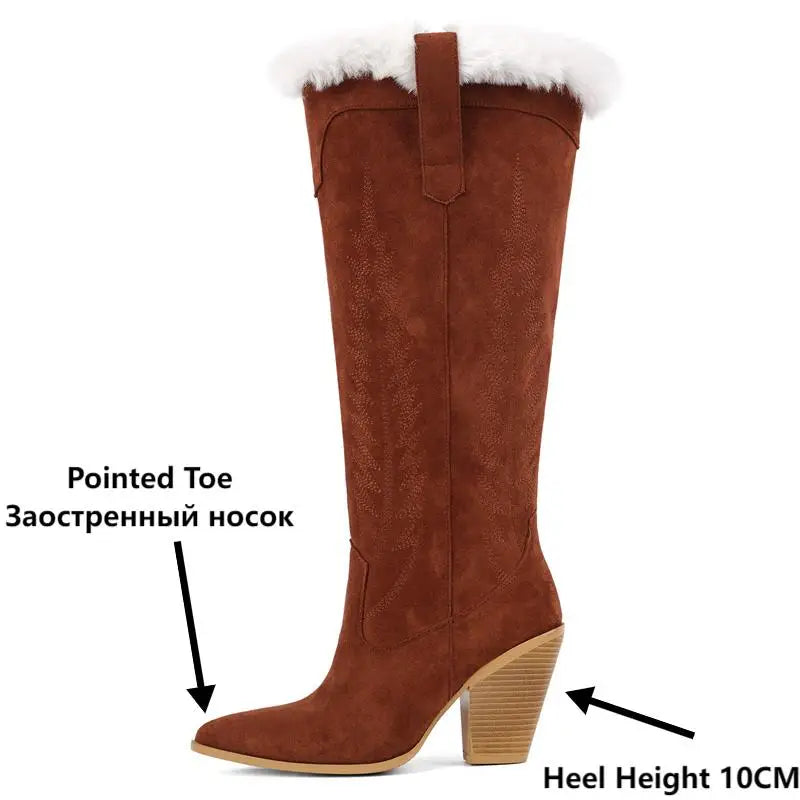 Onlymaker Women Pointed Toe Side Zipper  Retro Western Cowgirl Boots Fringed Chunky Heel Faux Fur Fashion Cowboy Boots