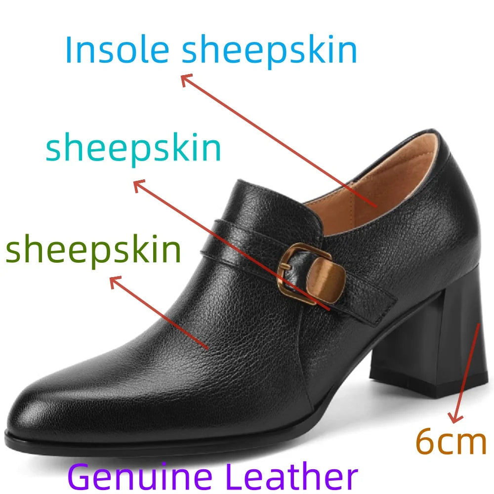 New Women Handmade Genuine Leather Round Toe Soft and comfortable Chunky Heel Loafer High Heels Ladies Shoe 34-40