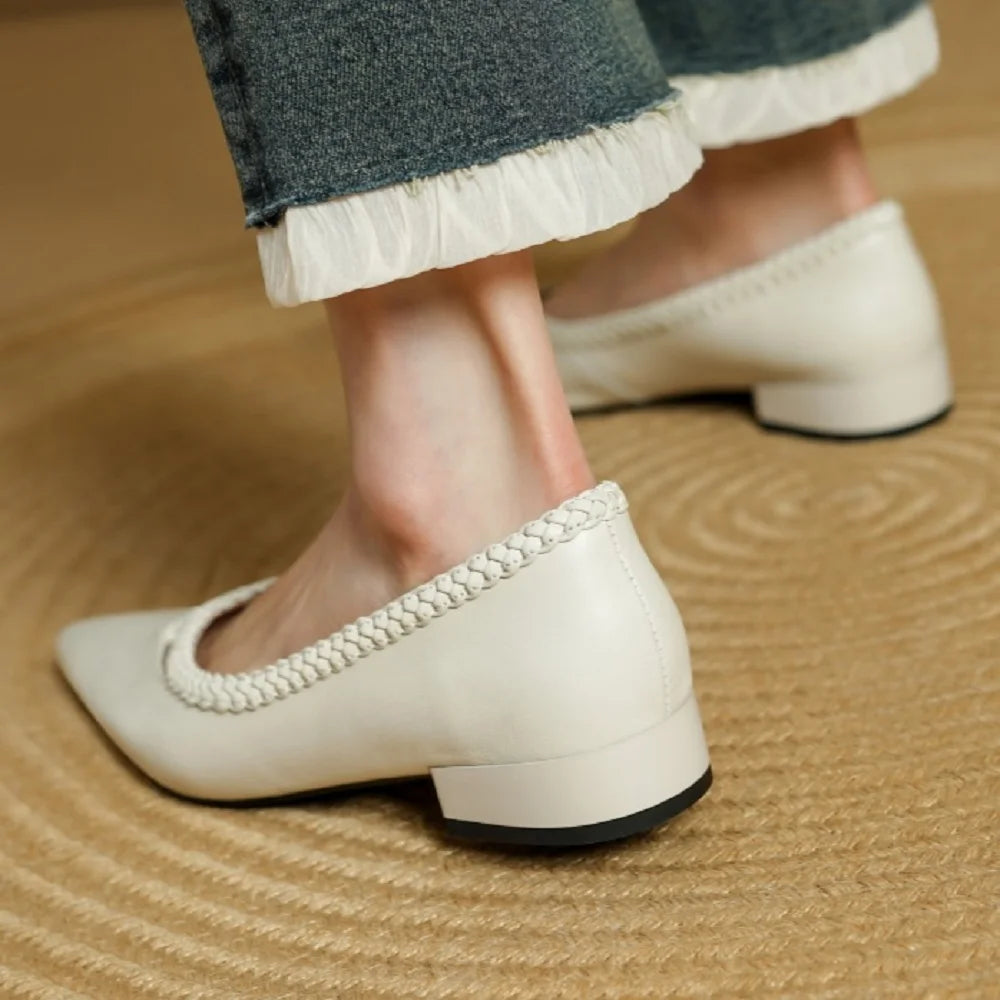 Women Handmade Cowhide Pointed Toe Low Heels Designs Shallow Loafers for Women Ladies Shoes 34-40