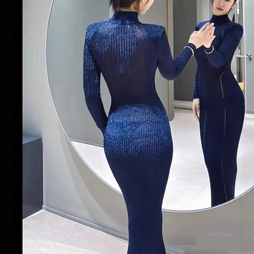 Women's stand collar stretch knit dress long sleeve