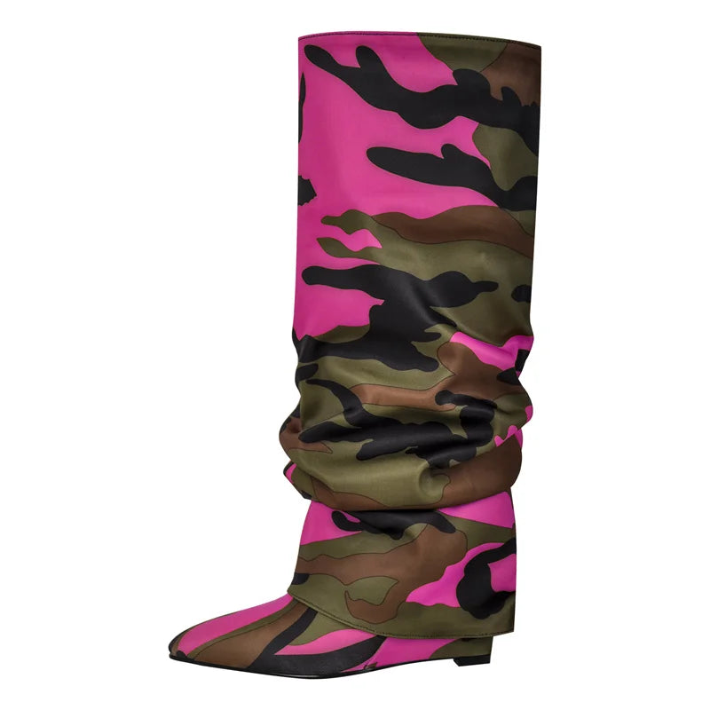 Onlymaker Woman Pointed Toe Knee Wedge High Heel Pleated  Fashion Big Size Camouflage Winter Boots