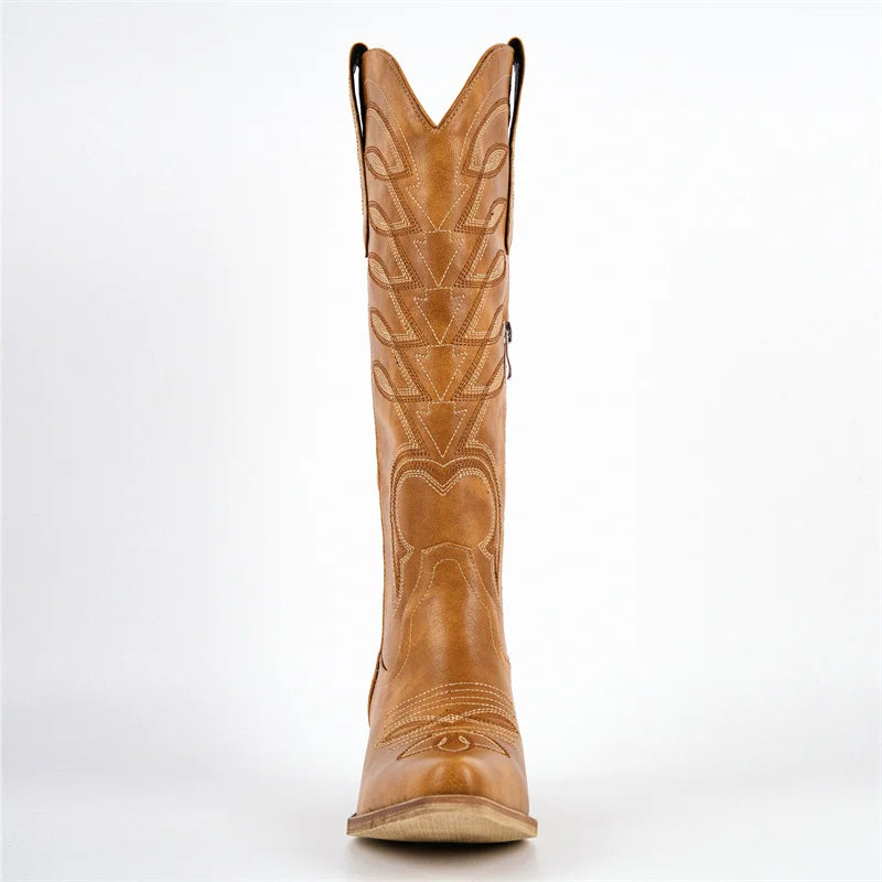Onlymaker Women's Western Embroidery Cowgirl Boots Pointed Toe Side Zipper Knee High with Chunky Heel  Boots
