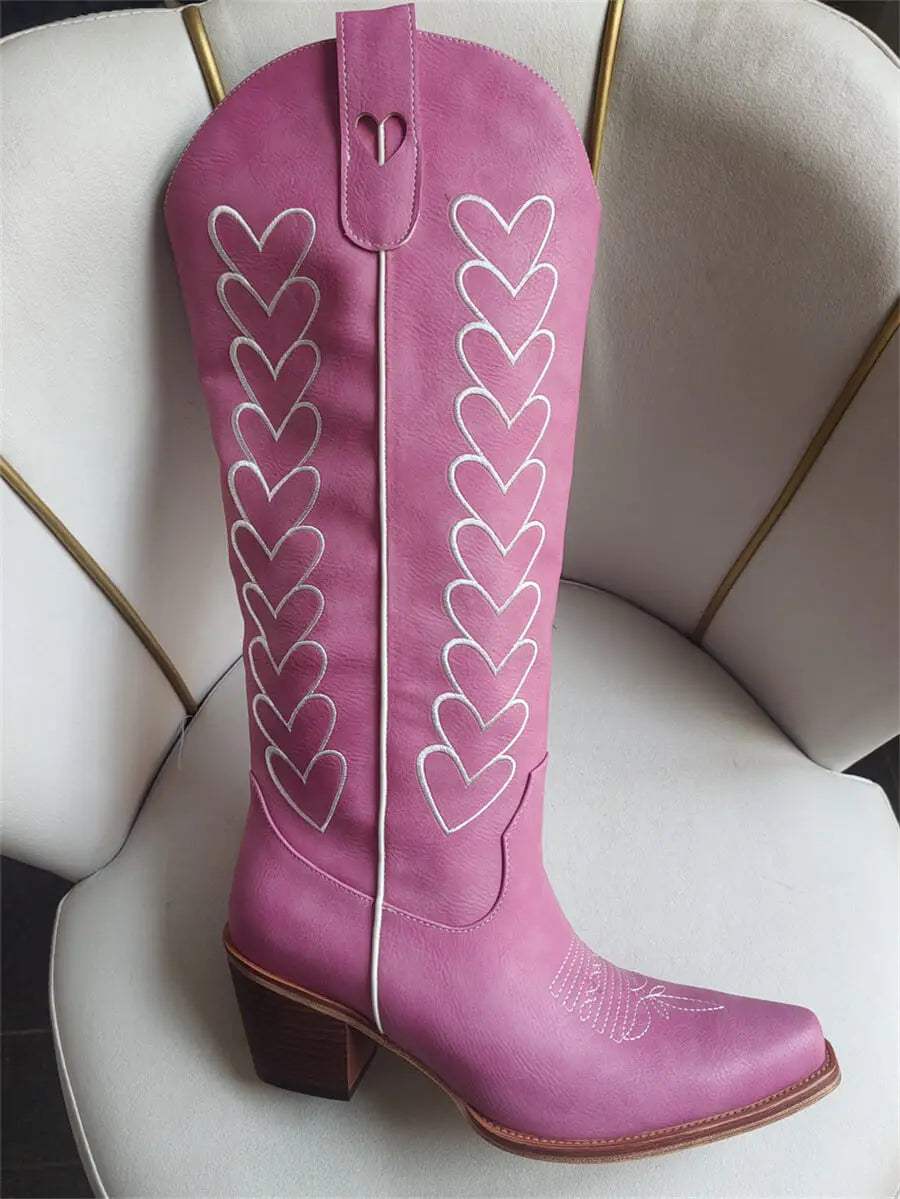 Onlymaker Women Pointed Toe Pull-on Knee High Cowgirl Boots with Big Size Comfy Female Cowboy Boots