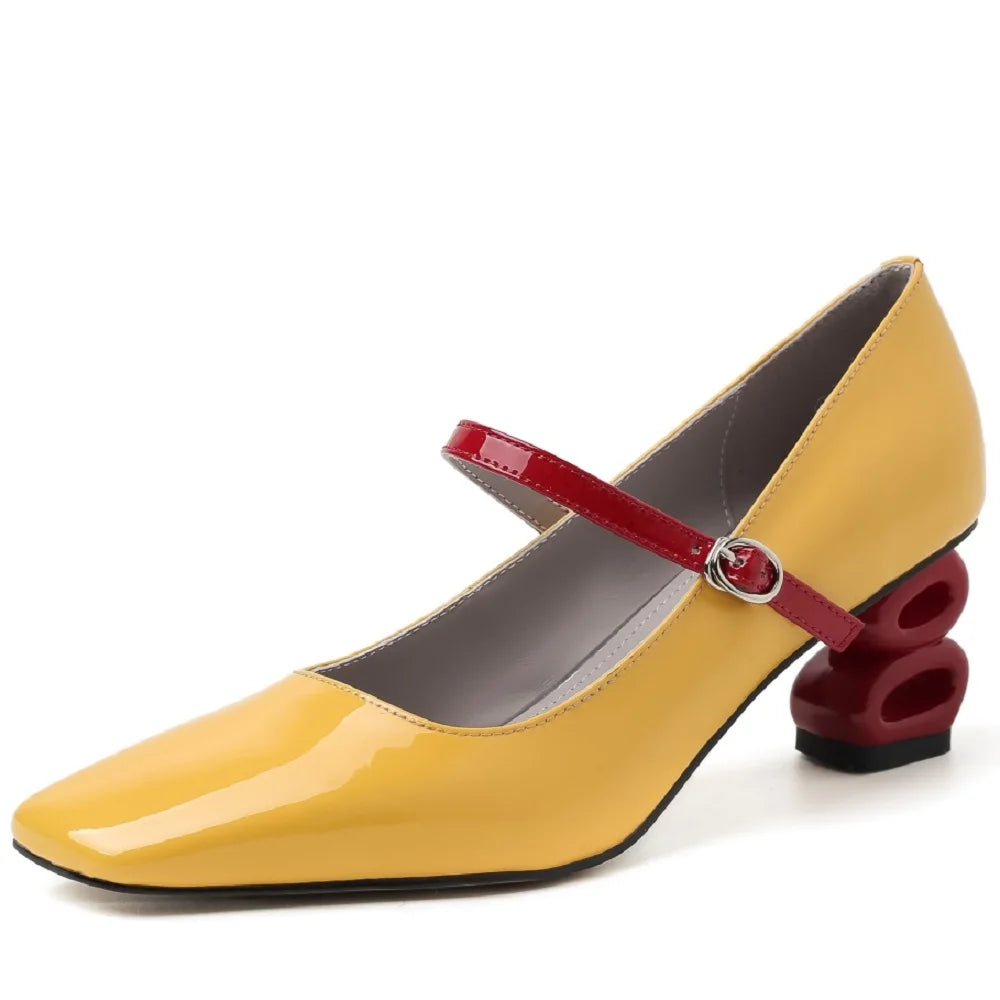 Mixed Color Design Brand Handmade Genuine Leather Mary Jane Women Elegant Dress Comfort Square Toe Buckle 33-40