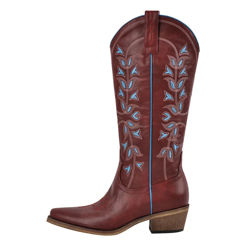 Onlymaker Women Western Cowboy Boots Pointed Toe  Embroidered  Block Heel Fashion Side Zipper Cowgirl Boots