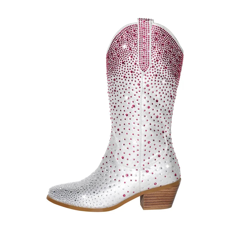 Onlymaker Women Side Zipper Knee High Boots Rhinestone Booties Glitter Bling Shiny Western Pointed Toe Block Heel  Cowgirl Boot