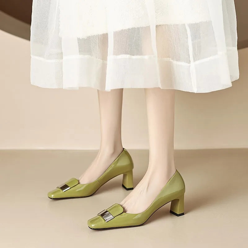 2026 Real Patent Sheepskin Leather Pumps For Women Square Toe Metal Dec Slip On High Heels Office Lady Dress Shoes