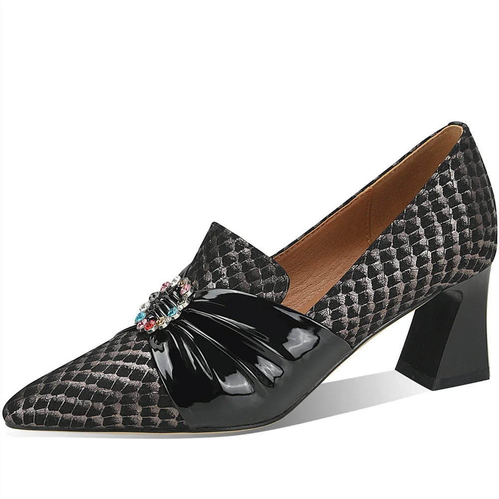 French high heels spring and autumn new deep mouth color matching bow pointed thick heel comfortable shoes 33-43