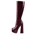 Onlymaker Boots Women Black Platform Chunky Heel Knee High Patent Leather Square Toe  Lady Fashion Boots