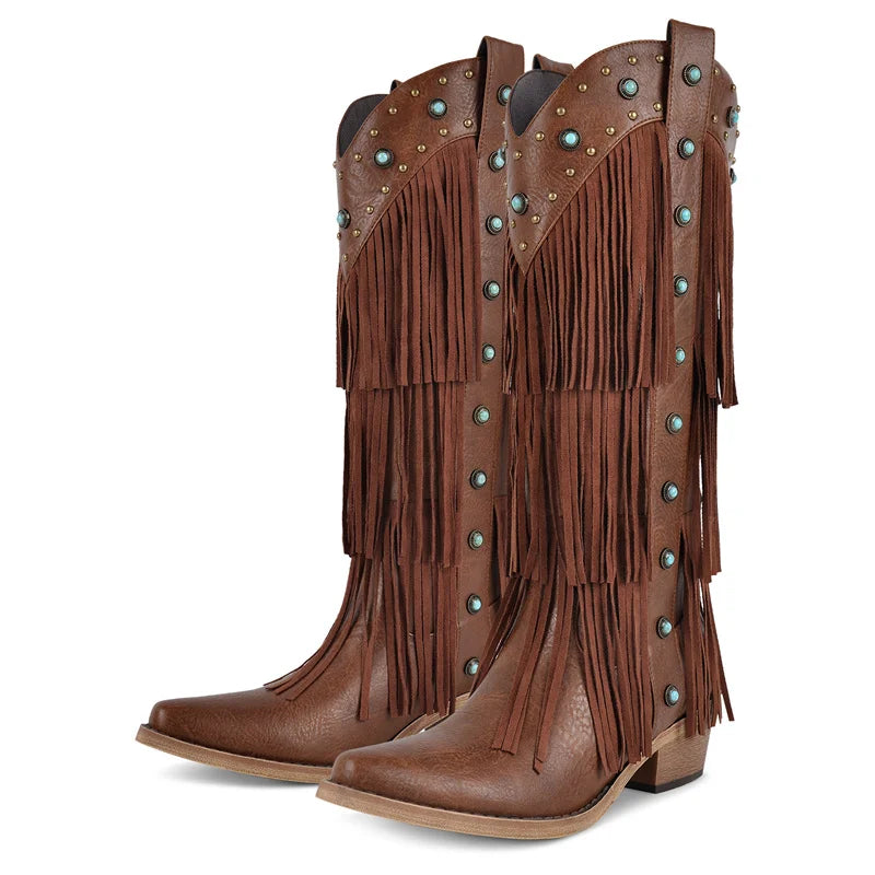 Onlymaker Women Pointed Toe Fringe Pull-on Knee High Boots Comfy Pull On Mid Calf Chunky Heel Embroidered Western Boots