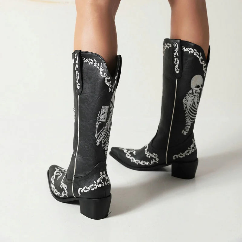 Onlymaker Women Skeleton Embroidery Halloween Western Sewing Floral Cowboy Boots Retro Mid-Calf Western Boots