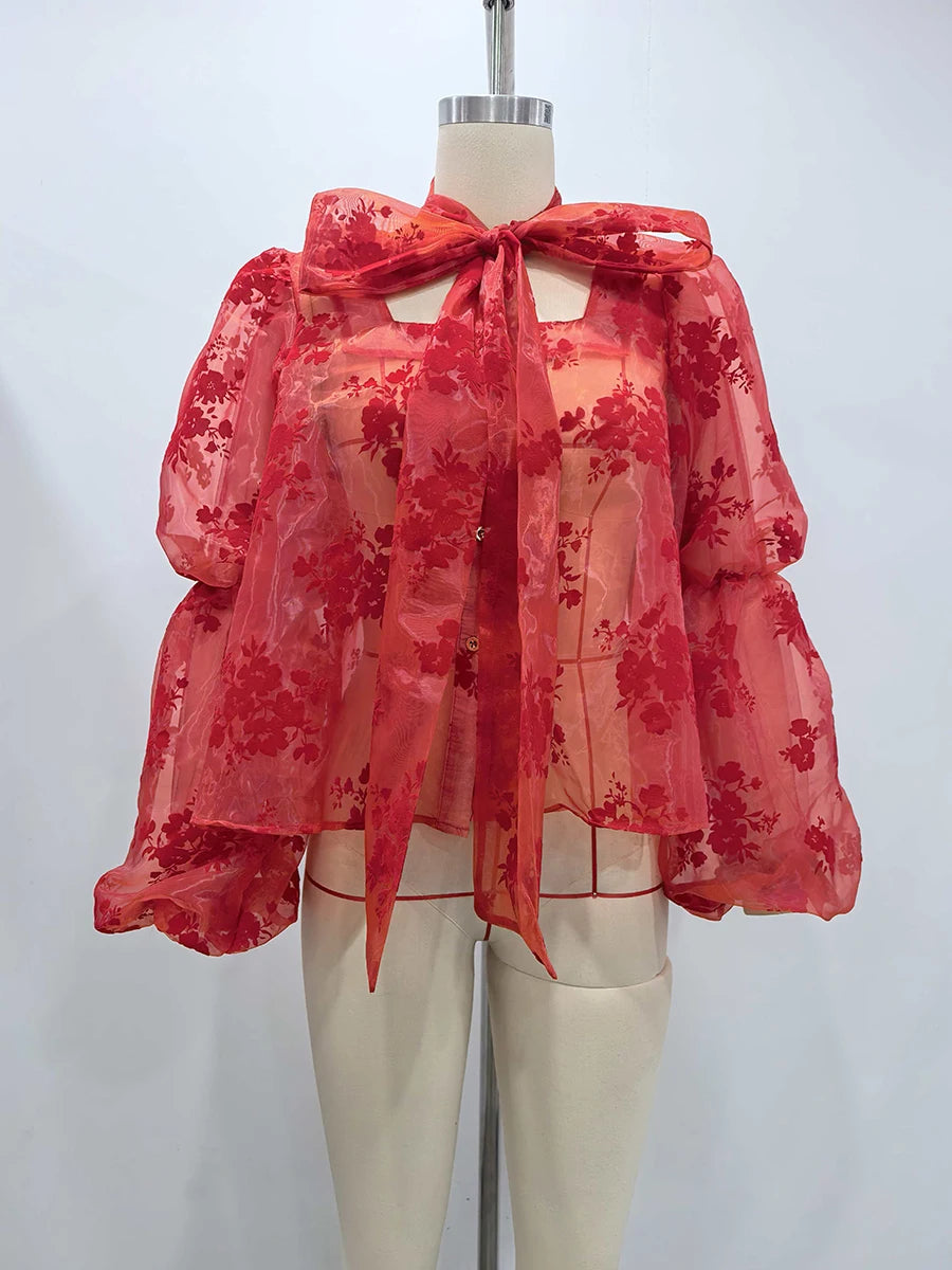 Elegant Floral Printing Chiffon Shirt for Women Scarf Collar Hollow Out Design Puff Sleeve Sheer Mesh Sexy Blouse Female New