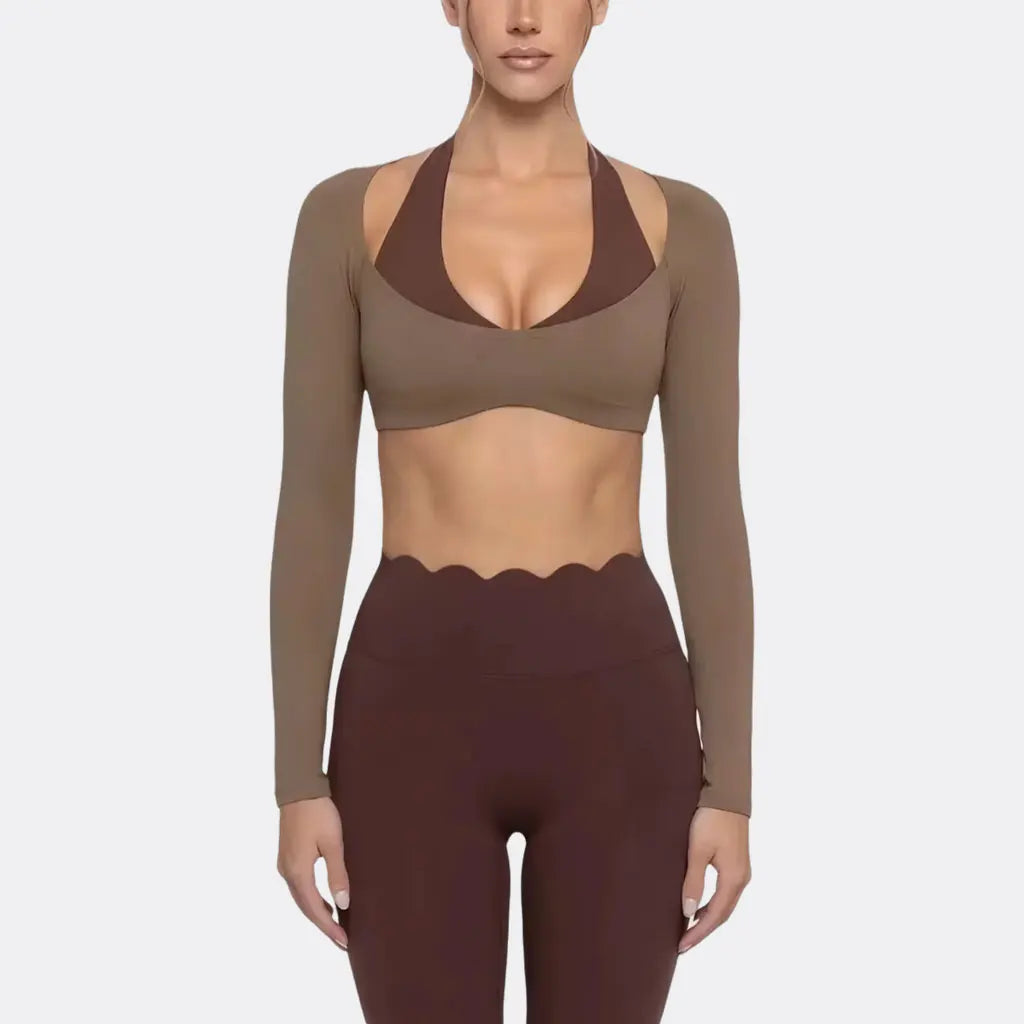 Women's Fake Two-Piece Sports Long Sleeve Halter Neck Pilates Yoga Shirt Slim Fit Fitness Sports Top Leggings Workout Tights