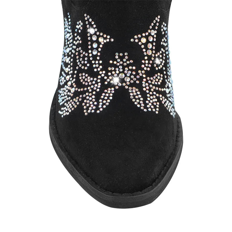 Women Pointed Toe Rhinestone Western Cowboy Boots Black  Female Wide Mid Calf Boots