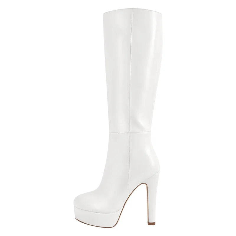 Onlymaker Women Round Toe Wide Calf Platform Knee High Boots Chunky Heel With Side Zipper Concise Tall Modern Boots