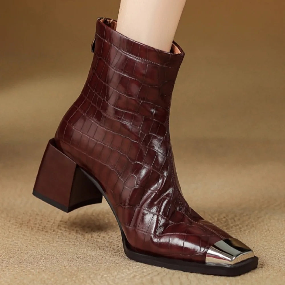 Women's Handmade Genuine Leather Soft and comfortable Mid Heel Ankle Boot Thi Heel ort Inner Fce Layered 33-40