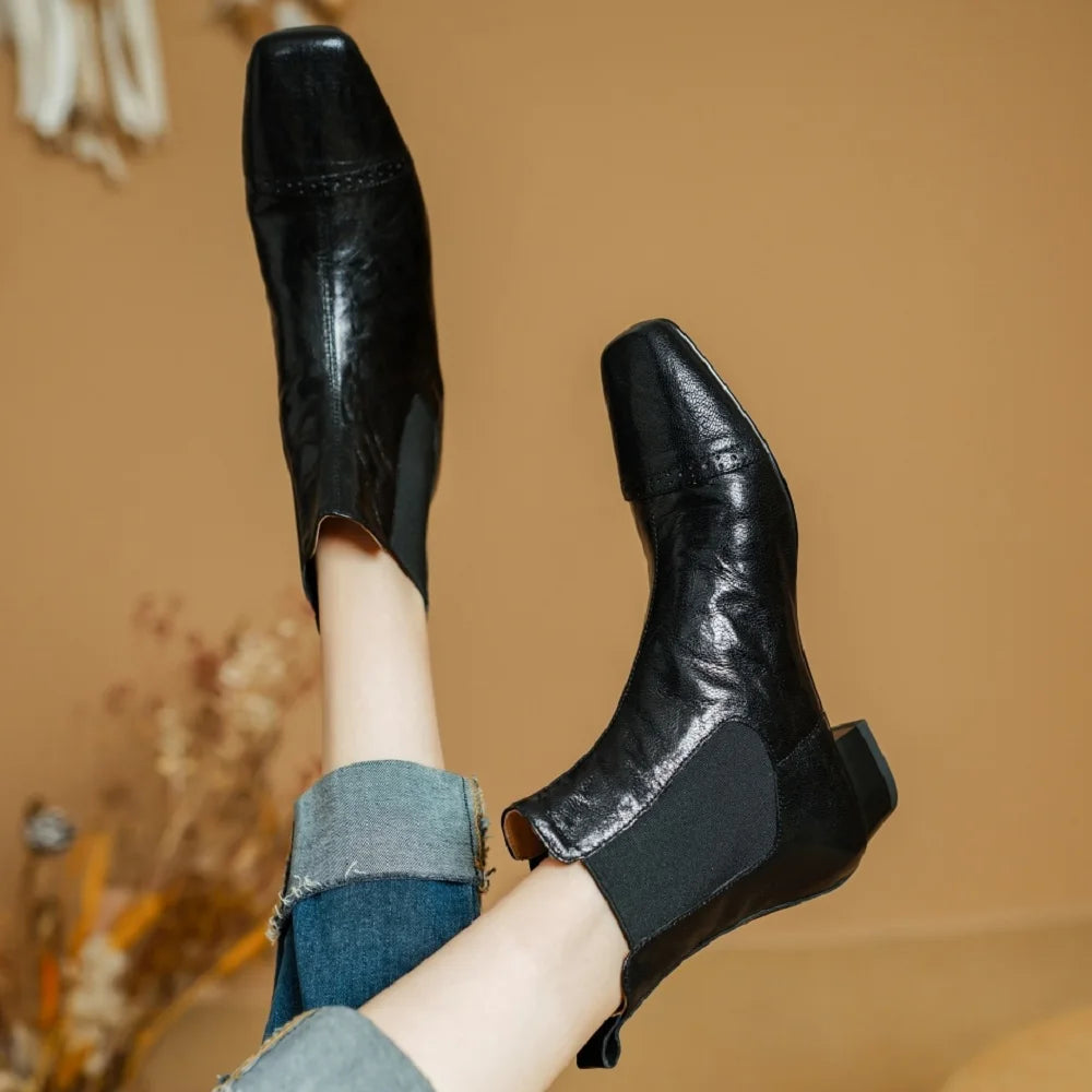Handmade genuine leather elastic slip-on flats autumn ankle boots square toe casual female quality Chelsea 34-40