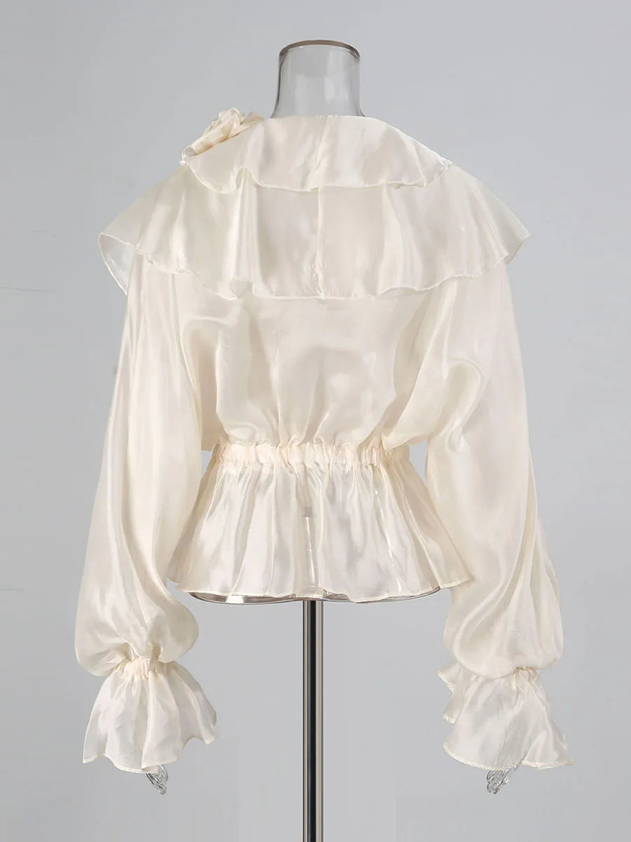 Solid Loose Spliced Fungus Folds Blouses for Women V Neck Long Sleeves Elastic Waist Casual Blouse Female Clothing