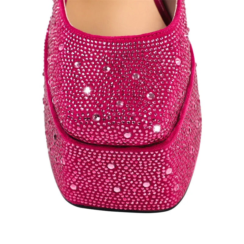 Women Platform Pumps Mary-Jane Rhinestone Chunky High Heels Ankle Strap Dress Party Punk Shoes