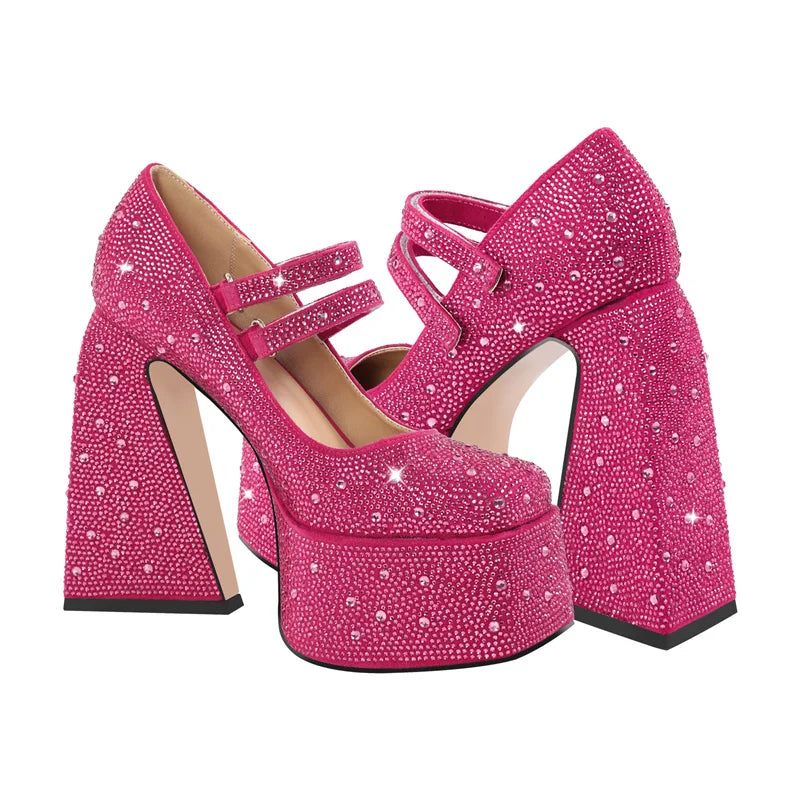 Women Platform Pumps Mary-Jane Rhinestone Chunky High Heels Ankle Strap Dress Party Punk Shoes