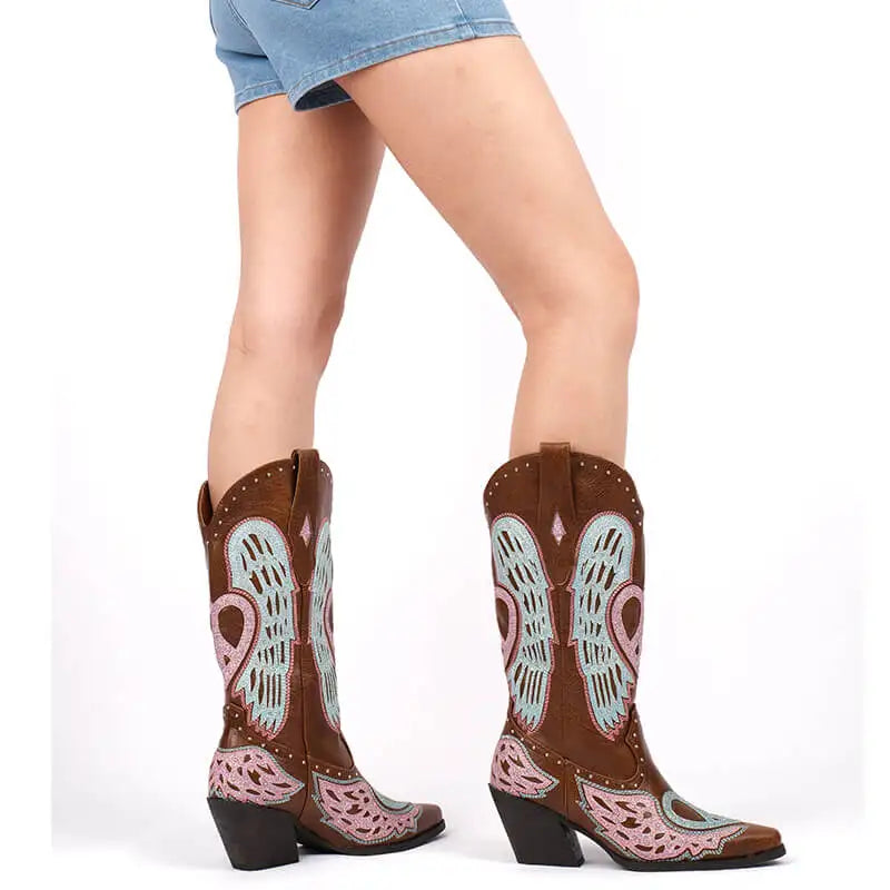 Onlymaker Women Pointed Toe Western Knee High Cowgirl Boots Embroidered Wide Calf  Chunky Block Heel Cowboy Boots