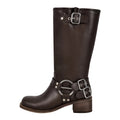 Onlymaker Women Gothic Black Round Toe Knee High Boots Heeled Metal Rivet Buckle Fashion 2023 Autumn Motorcycle Boots