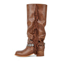 Onlymaker Women Round Toe Fold Over Fringe Knee High Boots Block Heel Fashion  Boots