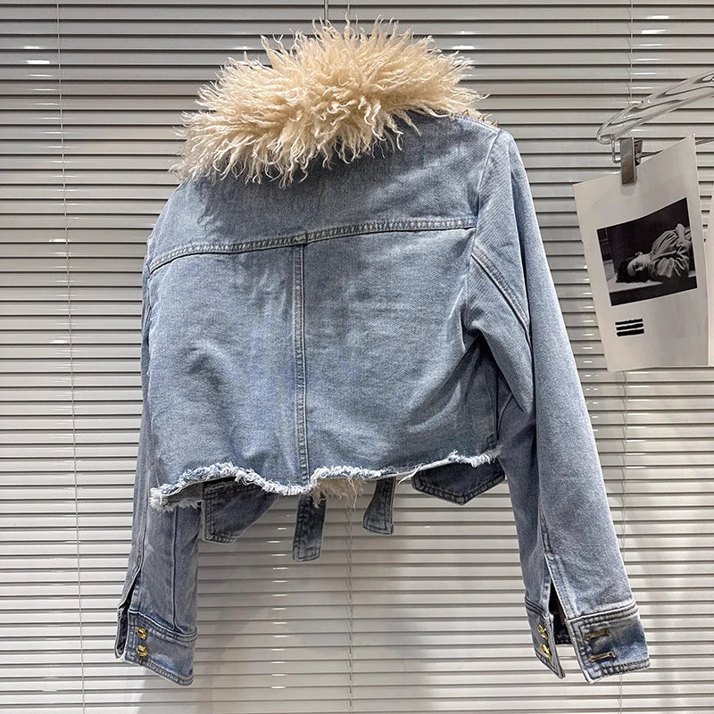 2026 Jeans Jacket Autumn New Fashion Vintage With Fur Rivets Cotton Lining Denim Jacket For Women High Waist Coat Female 11A07149