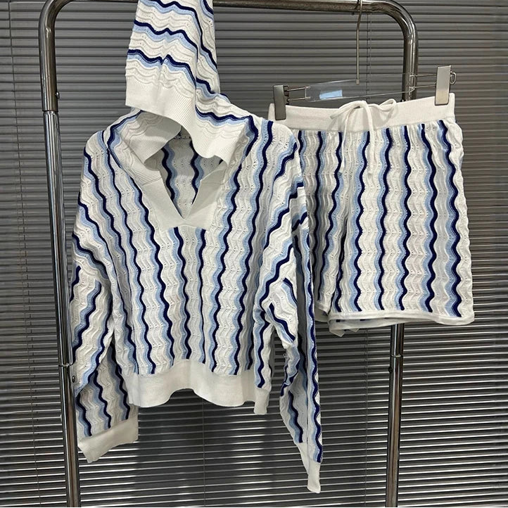 2026 Autumn New Fashion Elegant Women's Two-pieces Set Versatile Long Sleeve Knitted Top Striped Shorts Female 11A05644