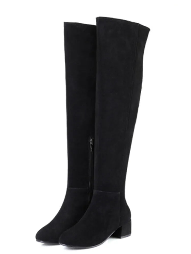 2025 Autumn and Winter New Women's Knee Over Boots Round Head Thick High Heels Side Zipper 34-46 Large Women's Boots