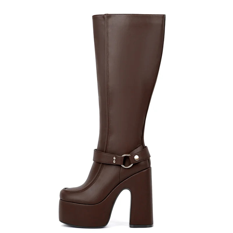 Onlymaker Women Round Toe Platform Knee High Boots Side Zipper Fashion Chunky Block Heel Mid-Calf Boot Punk Long Boots