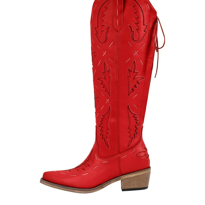 Onlymaker Women Cowgirl Boots Embroidery Lace-up Knee High Wide Calf Western Cowboy Boots