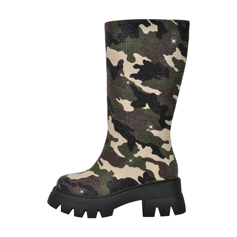 Onlymaker Women Platform  Pleated Fold Over Boots Round Toe Handmade Female Fashion Mid-Calf Boots