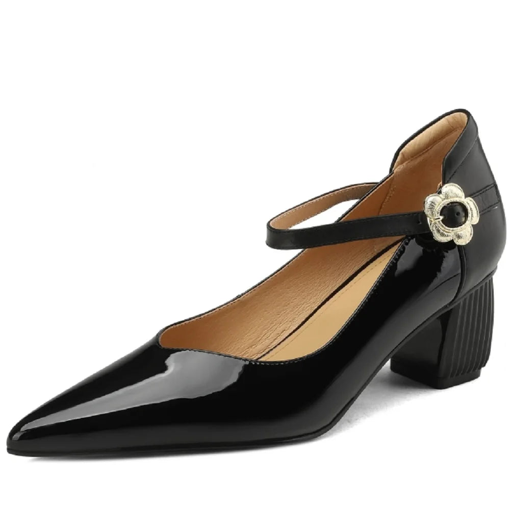 Retro Light Women Handmade Genuine Leather Pointed Toe Metal Buckle One-Strip Style Mid Heel Single Comfortable