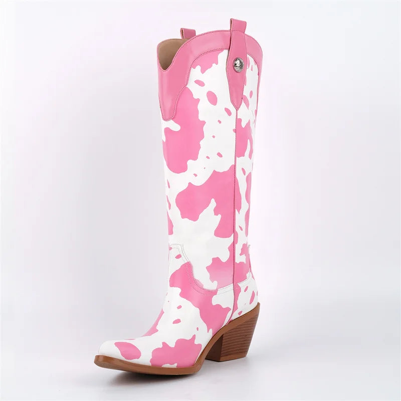 Onlymaker Women Pointed Toe Cow Print Knee High Western Boots Mid Calf Chunky Heel Cowgirl Western Boots