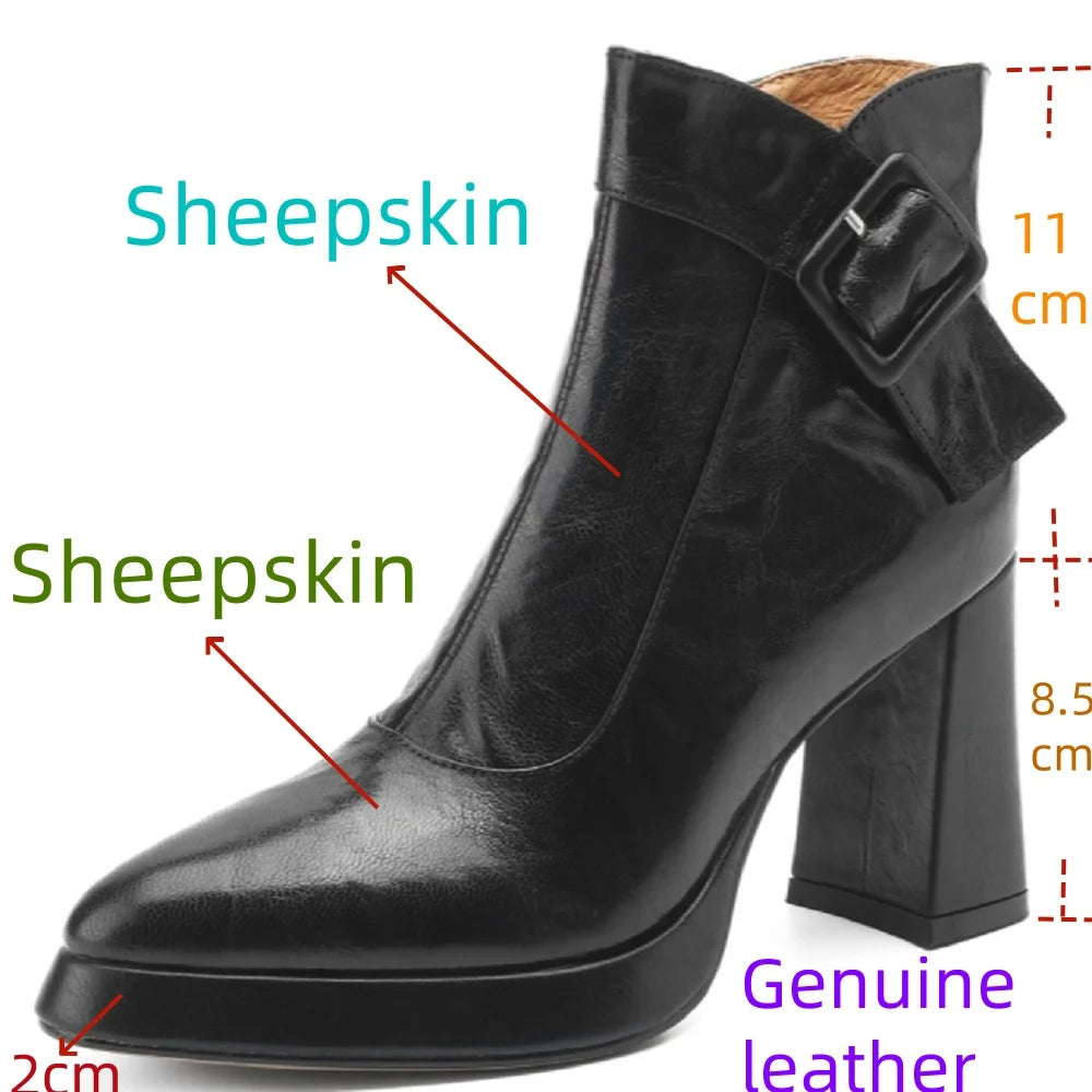 Women Handmade Brand Genuine Leather Ankle Boots Chunky Block High Heels Buckle Pointed Toe Shoes