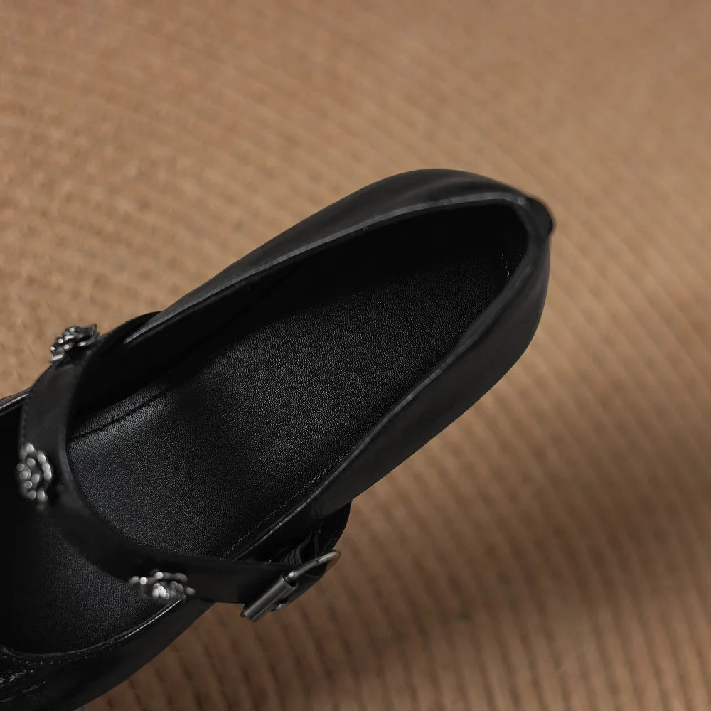 women's Handmade Genuine Leather elegant ladies Mid high heel style daily slim dress heeled shoes 34-40