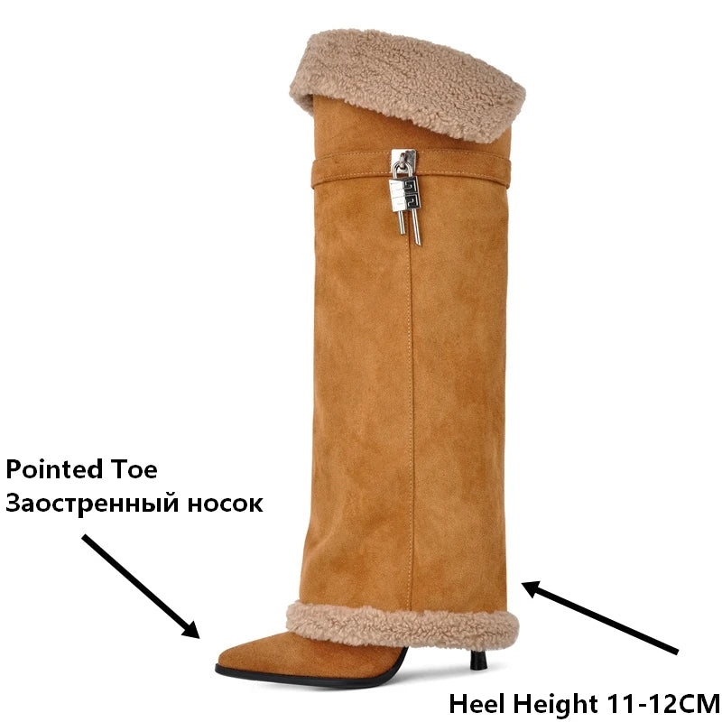 Onlymaker Women Pointed Toe Artificial Suede Lock Pull On Knee High Boots Thin Heel Wide Calf Stiletto Fold Over Boots